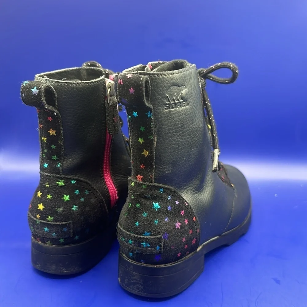 Sorel Emelie Youth Girls Leather Combat Boot SZ 4 Black Waterproof Arch Support